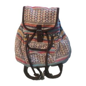 Boho Tribal Woven Backpack Multi Color Geometric Canvas Drawstring Small Bag